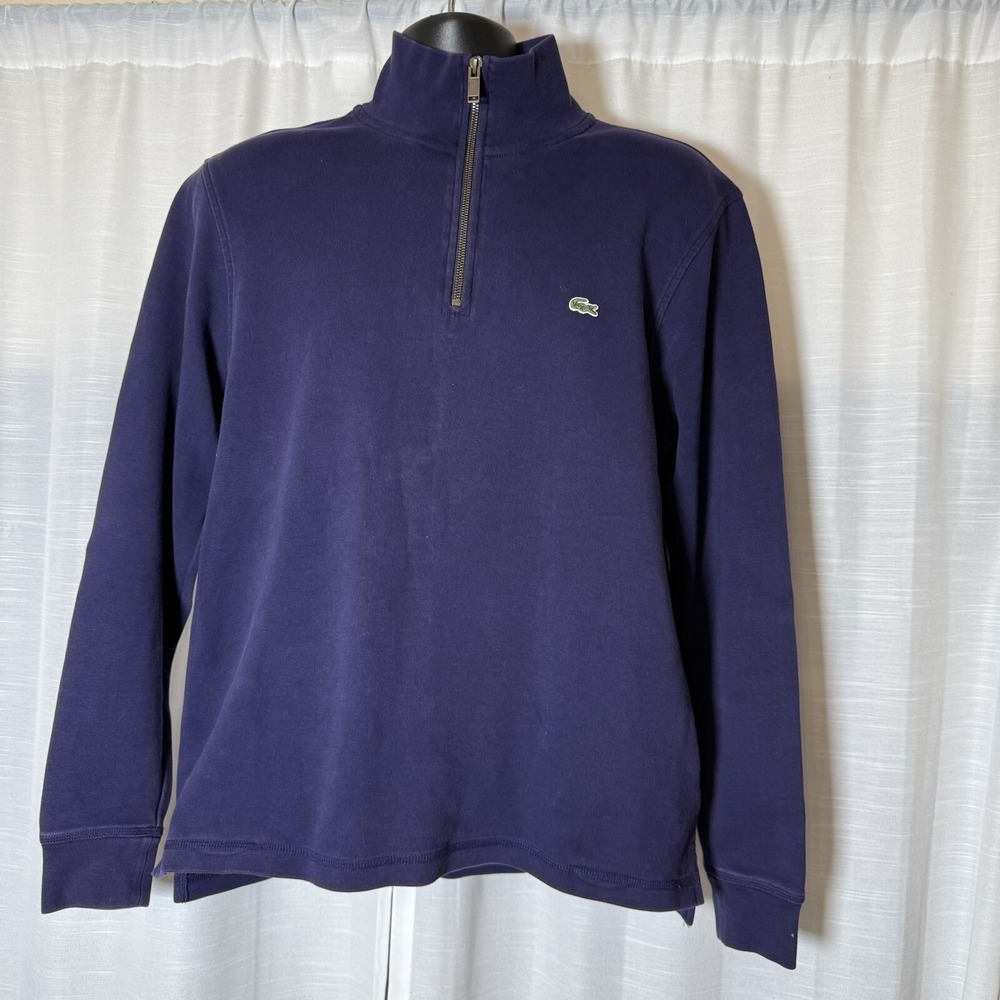 Lacoste Pullover Mens L Quarter Zip Cotton Navy Blue Solid